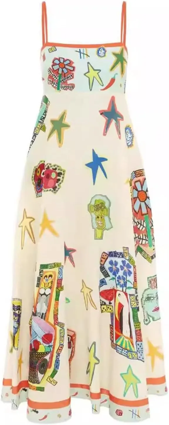 Women Graffiti Printed Maxi Cami Dress Square Neck Sleeveless Spaghetti Strap Boho Dress Swing Aline Sundress