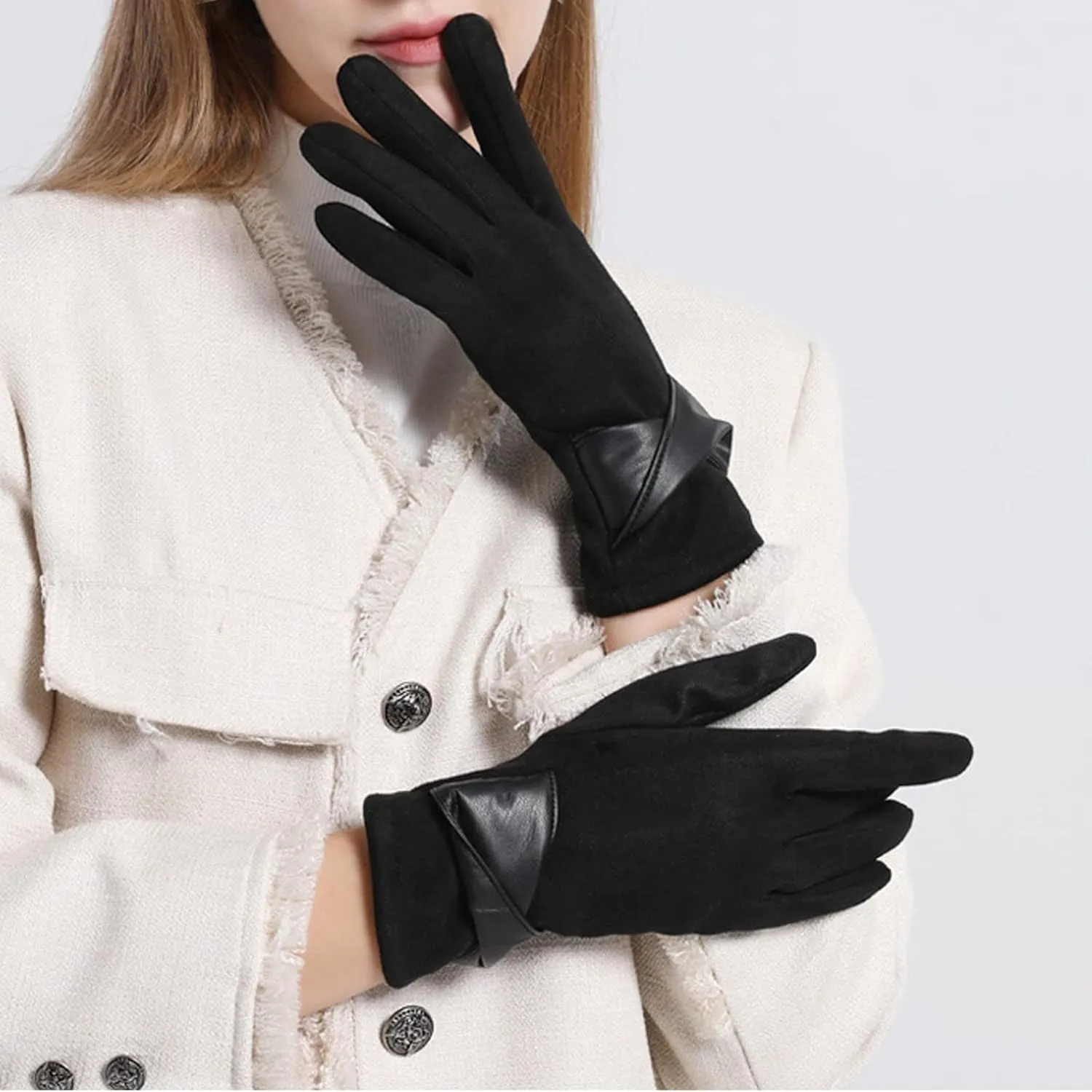 Women Leather Gloves Touchscreen Motorcycle Driving Lady Dress Gloves Fleece Lined Velvet Gloves Women