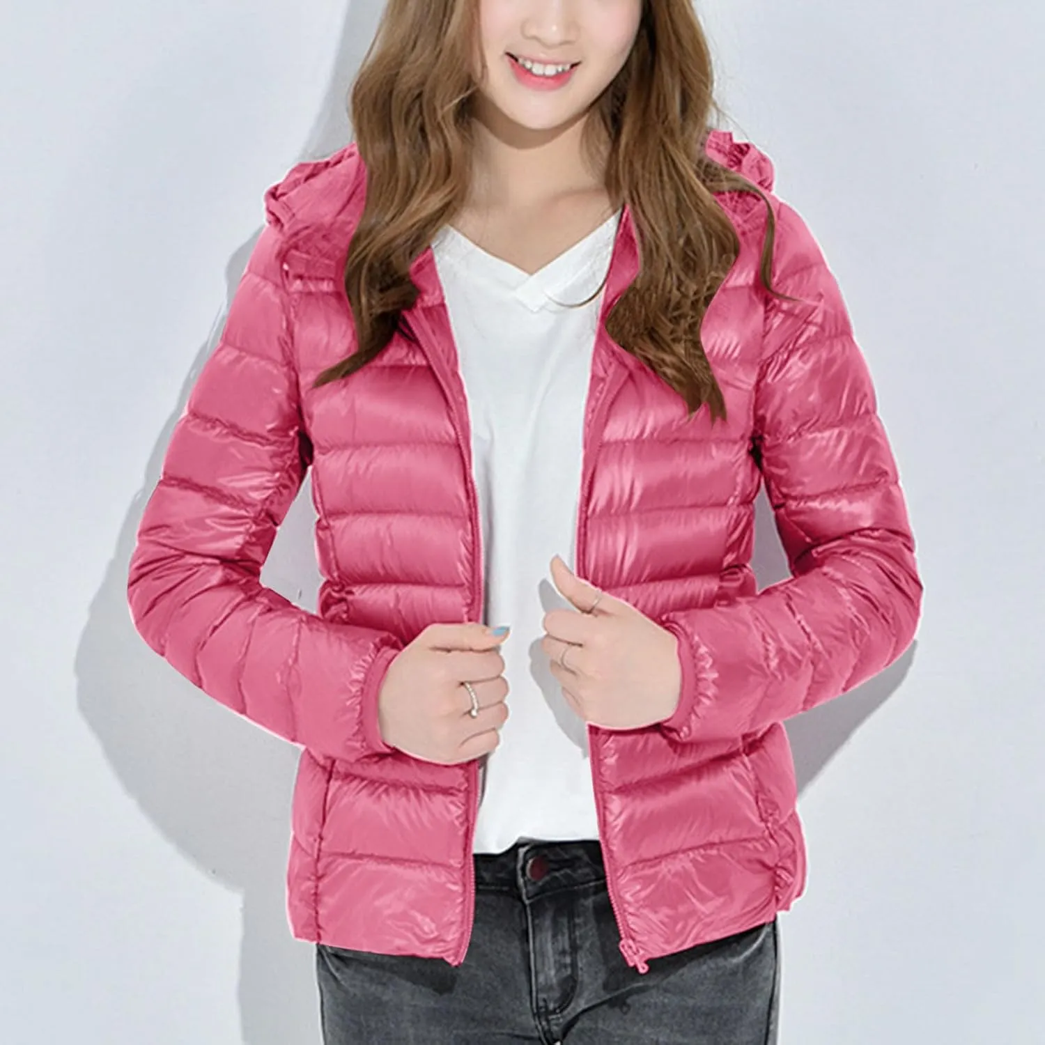 Women Lightweight Down Puffer Jacket with Hood Zip Up Long Sleeve Winter Warm Coat Thermal Puffer Jacket Outerwear