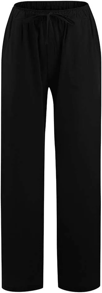 Women Linen Pants Casual Baggy Wide Leg Palazzo Pants Cotton Linen Lounge Beach Vacation Summer Trousers with Pockets
