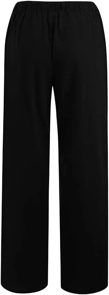 Women Linen Pants Casual Baggy Wide Leg Palazzo Pants Cotton Linen Lounge Beach Vacation Summer Trousers with Pockets