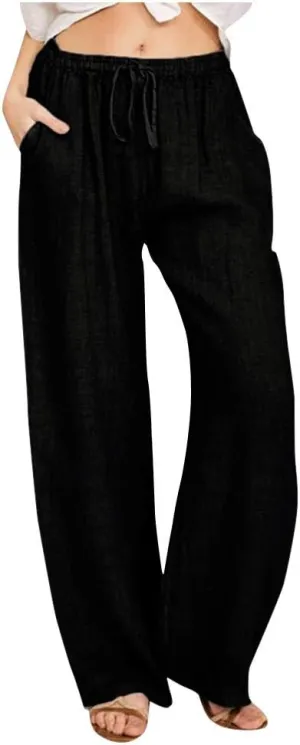 Women Linen Pants Casual Baggy Wide Leg Palazzo Pants Cotton Linen Lounge Beach Vacation Summer Trousers with Pockets