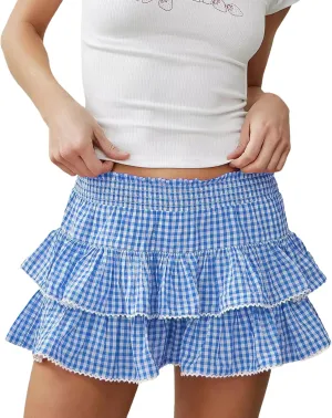 Women Men Sissy Plaid Mini Skirts Pleated Lace A Line Ruffle Short Skirts Gingham Halloween Cosplay Costume Skirts