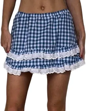 Women Men Sissy Plaid Mini Skirts Pleated Lace A Line Ruffle Short Skirts Gingham Halloween Cosplay Costume Skirts