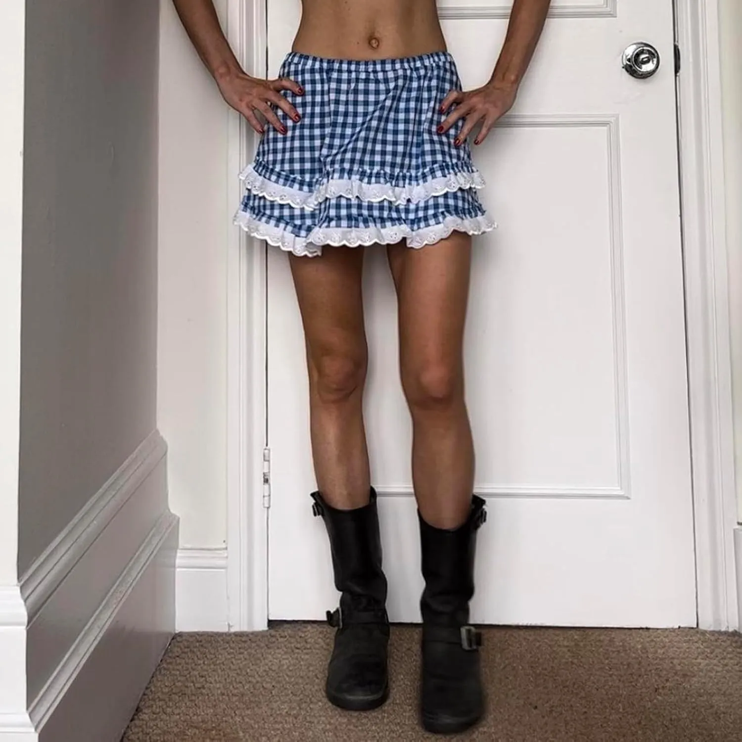 Women Men Sissy Plaid Mini Skirts Pleated Lace A Line Ruffle Short Skirts Gingham Halloween Cosplay Costume Skirts