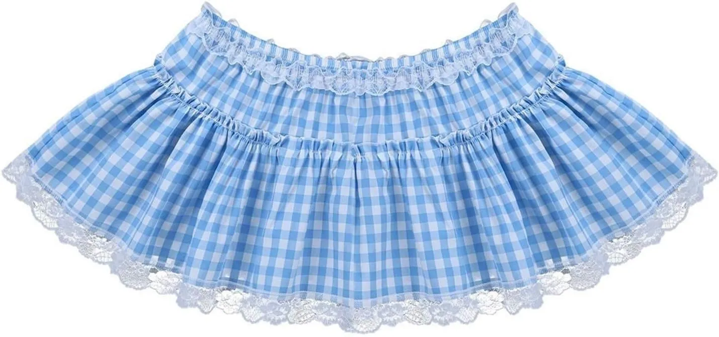 Women Men Sissy Plaid Mini Skirts Pleated Lace A Line Ruffle Short Skirts Gingham Halloween Cosplay Costume Skirts