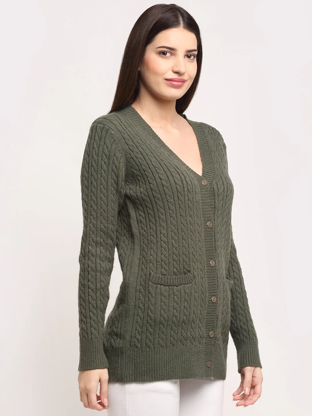 Women Olive Knitted V- Neck Regular Fit Cardigan