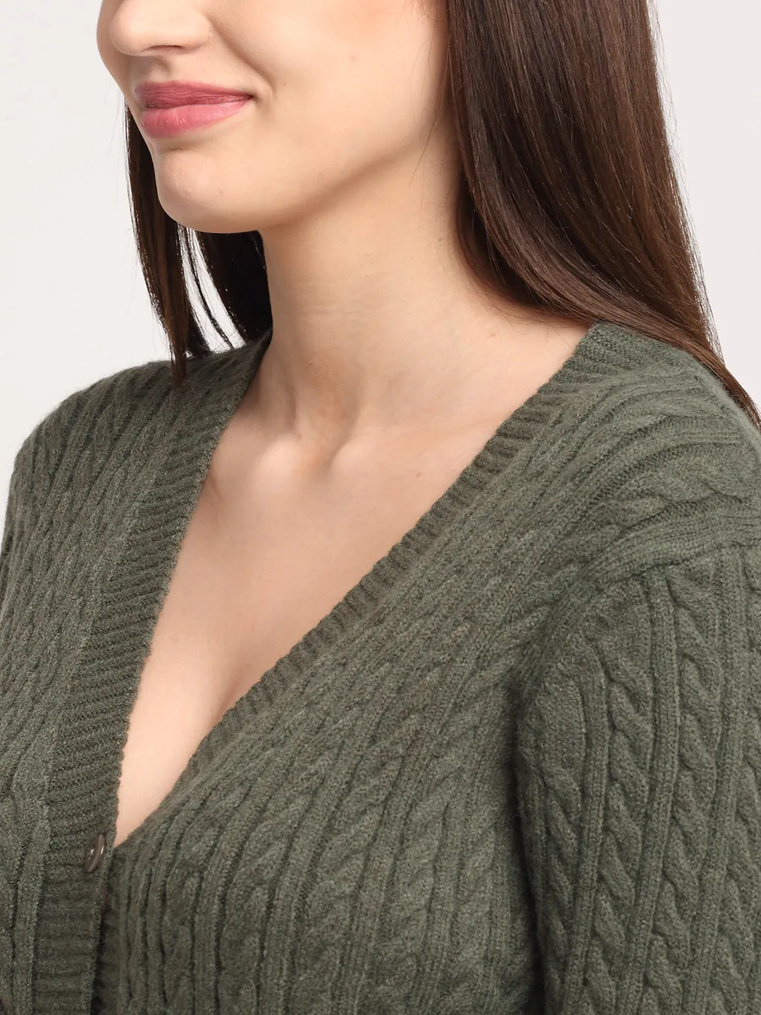 Women Olive Knitted V- Neck Regular Fit Cardigan