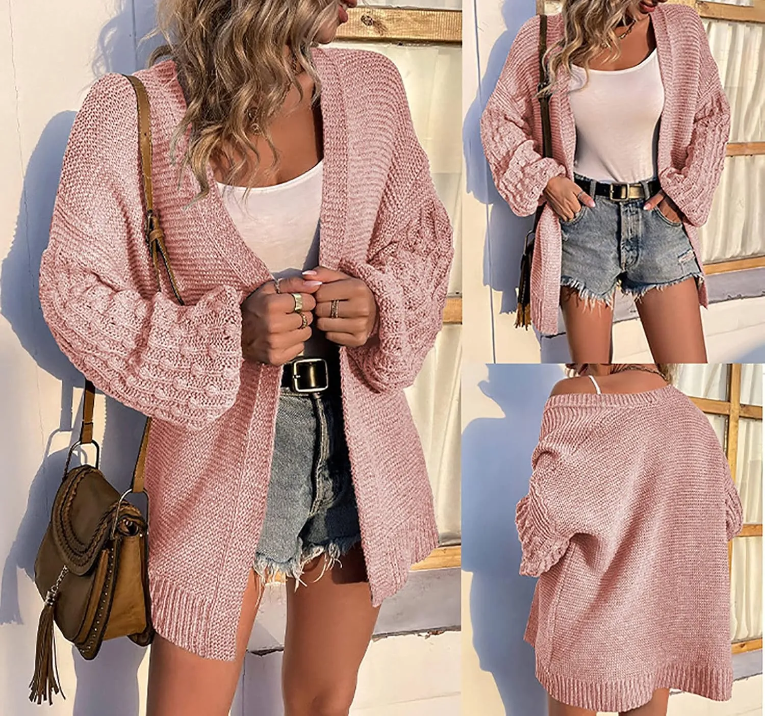Women Open Front Cardigan Sweaters Casual Loose Chunky Knit Outwear Coat Casual Solid Color Lantern Sleeves Jacke