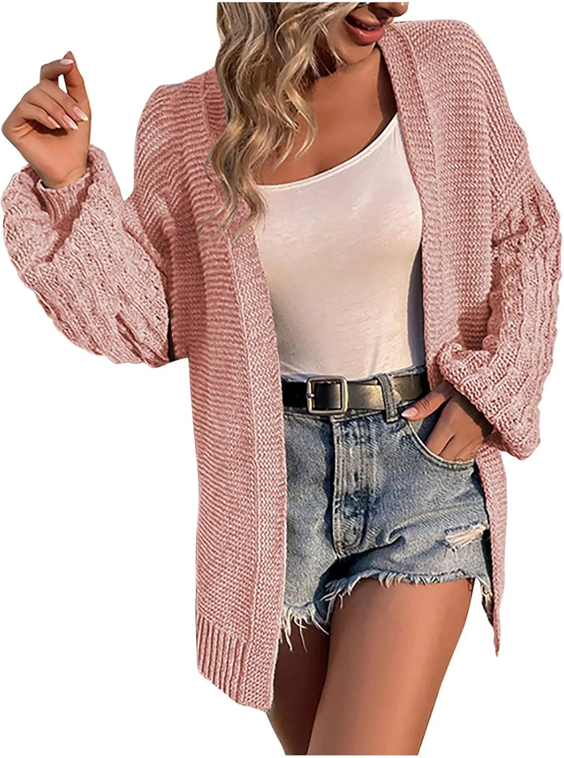 Women Open Front Cardigan Sweaters Casual Loose Chunky Knit Outwear Coat Casual Solid Color Lantern Sleeves Jacke