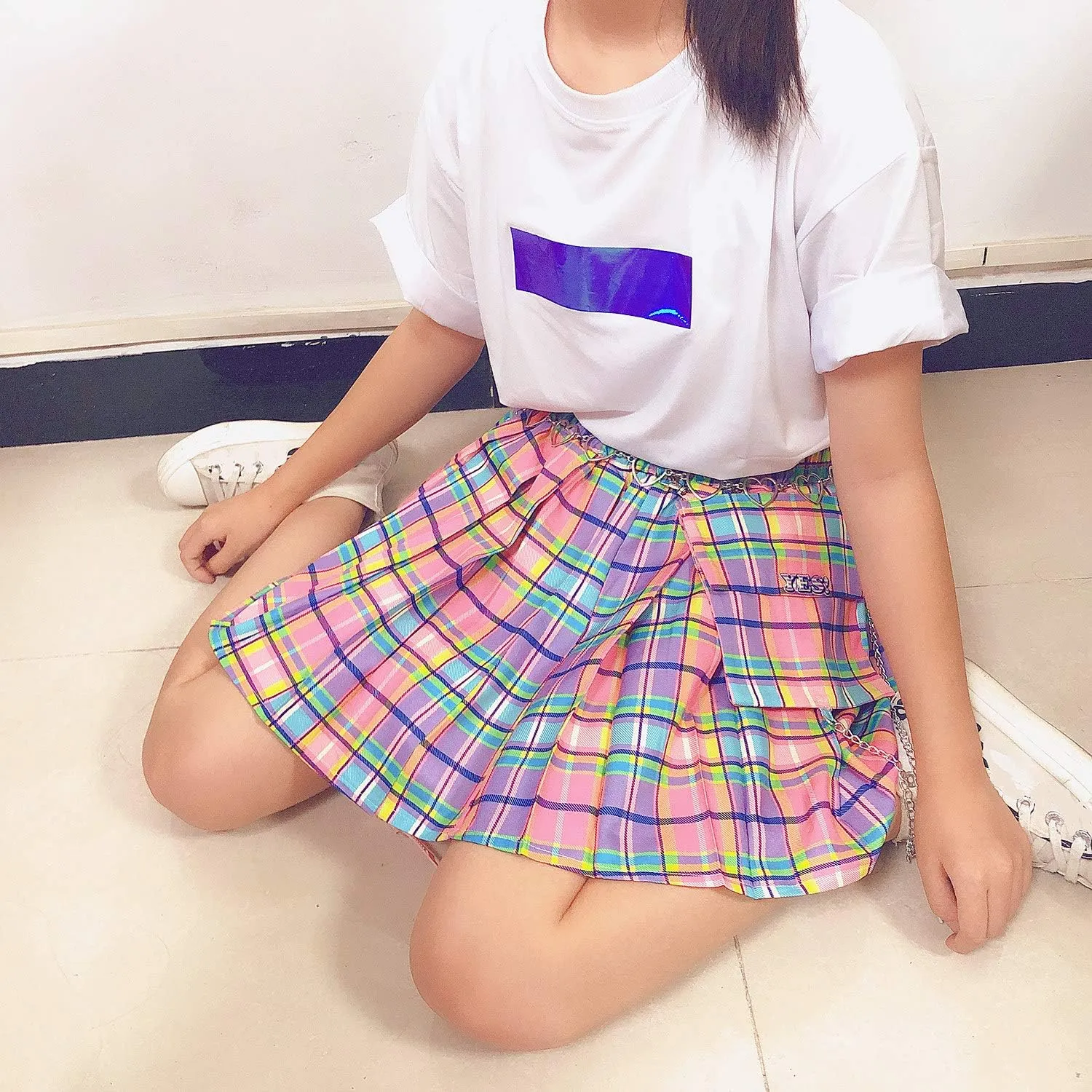 Women Plaid Kawaii Elastic High Waist Pleated Mini Skirts Chain Belt
