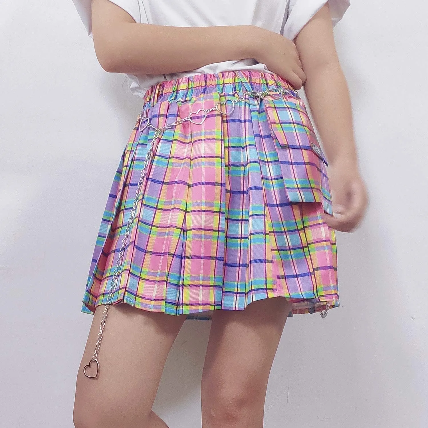 Women Plaid Kawaii Elastic High Waist Pleated Mini Skirts Chain Belt
