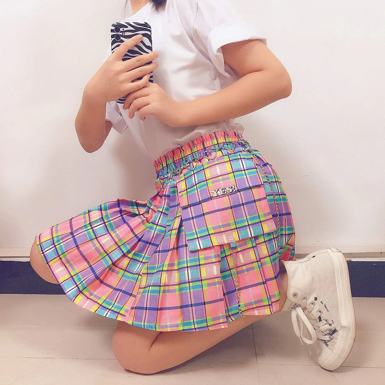 Women Plaid Kawaii Elastic High Waist Pleated Mini Skirts Chain Belt