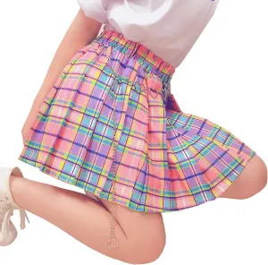 Women Plaid Kawaii Elastic High Waist Pleated Mini Skirts Chain Belt