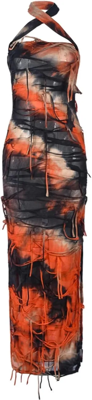 Women Sexy Tie Dye Fringe Bodycon Dress Y2K Sleeveless Split Evening Cocktail Formal Gowns for Party Club Night