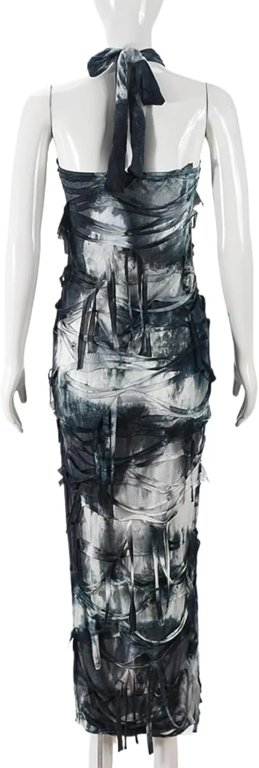 Women Sexy Tie Dye Fringe Bodycon Dress Y2K Sleeveless Split Evening Cocktail Formal Gowns for Party Club Night