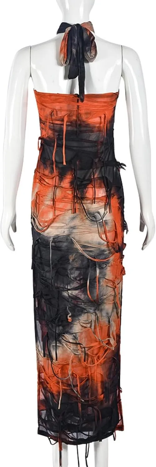 Women Sexy Tie Dye Fringe Bodycon Dress Y2K Sleeveless Split Evening Cocktail Formal Gowns for Party Club Night