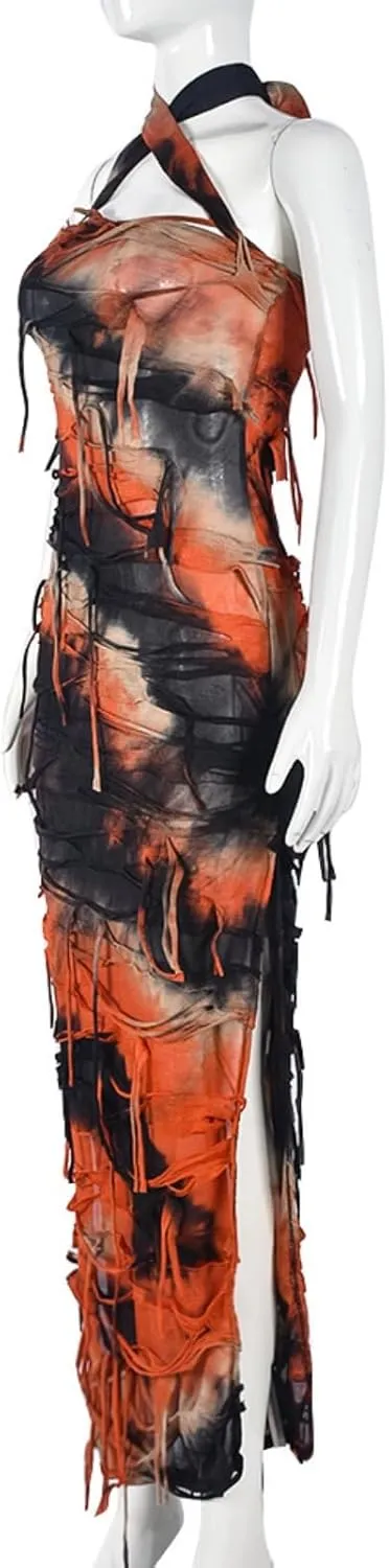 Women Sexy Tie Dye Fringe Bodycon Dress Y2K Sleeveless Split Evening Cocktail Formal Gowns for Party Club Night