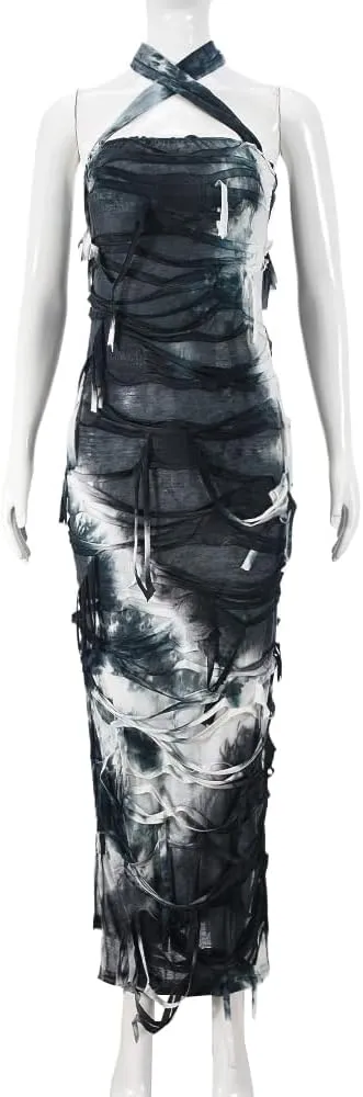 Women Sexy Tie Dye Fringe Bodycon Dress Y2K Sleeveless Split Evening Cocktail Formal Gowns for Party Club Night