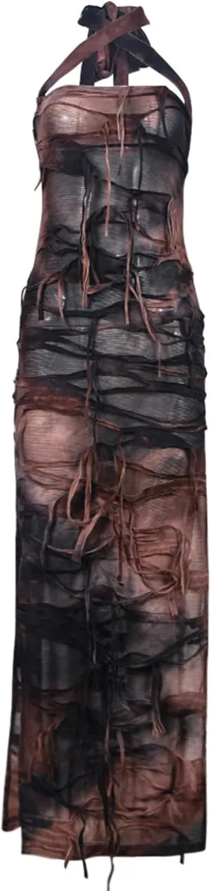 Women Sexy Tie Dye Fringe Bodycon Dress Y2K Sleeveless Split Evening Cocktail Formal Gowns for Party Club Night