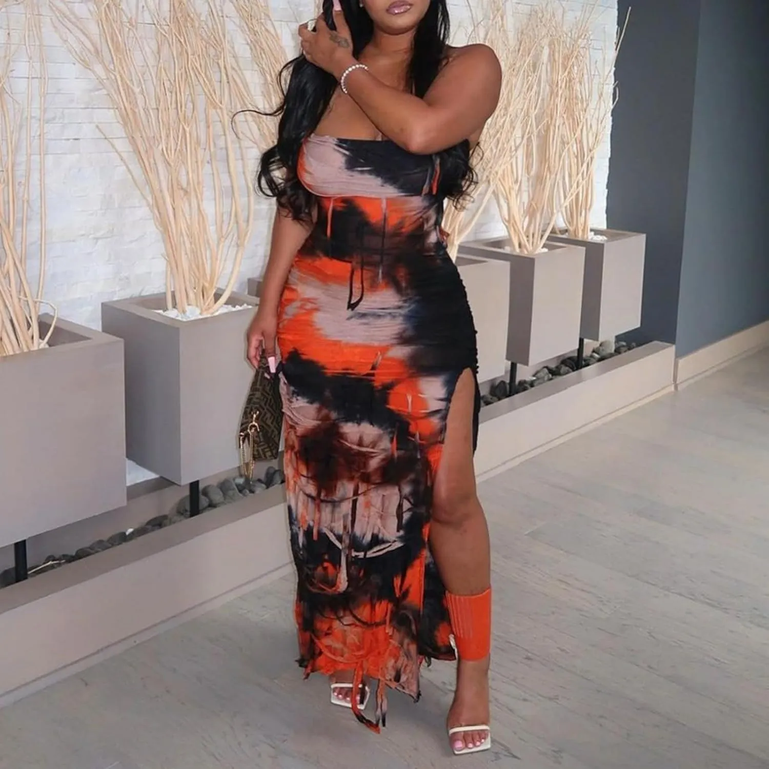Women Sexy Tie Dye Fringe Bodycon Dress Y2K Sleeveless Split Evening Cocktail Formal Gowns for Party Club Night