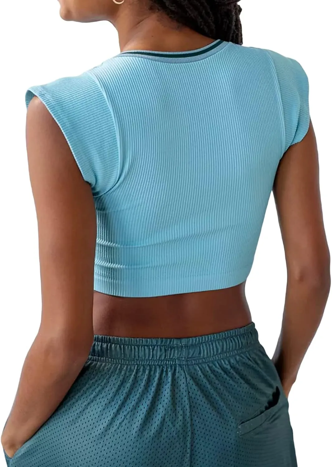 Women Summer Rib Knit Cap Sleeve Tight Crop Top V Neck Going Out Slim Fit Basic Contrast Color Y2K Skinny Tee Shirt