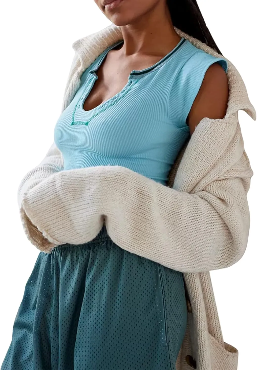 Women Summer Rib Knit Cap Sleeve Tight Crop Top V Neck Going Out Slim Fit Basic Contrast Color Y2K Skinny Tee Shirt
