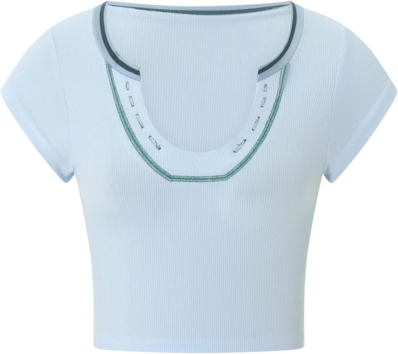 Women Summer Rib Knit Cap Sleeve Tight Crop Top V Neck Going Out Slim Fit Basic Contrast Color Y2K Skinny Tee Shirt