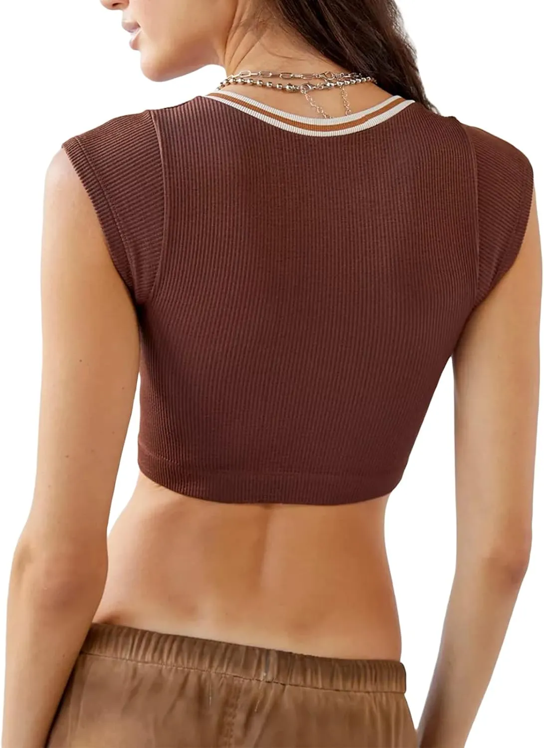 Women Summer Rib Knit Cap Sleeve Tight Crop Top V Neck Going Out Slim Fit Basic Contrast Color Y2K Skinny Tee Shirt