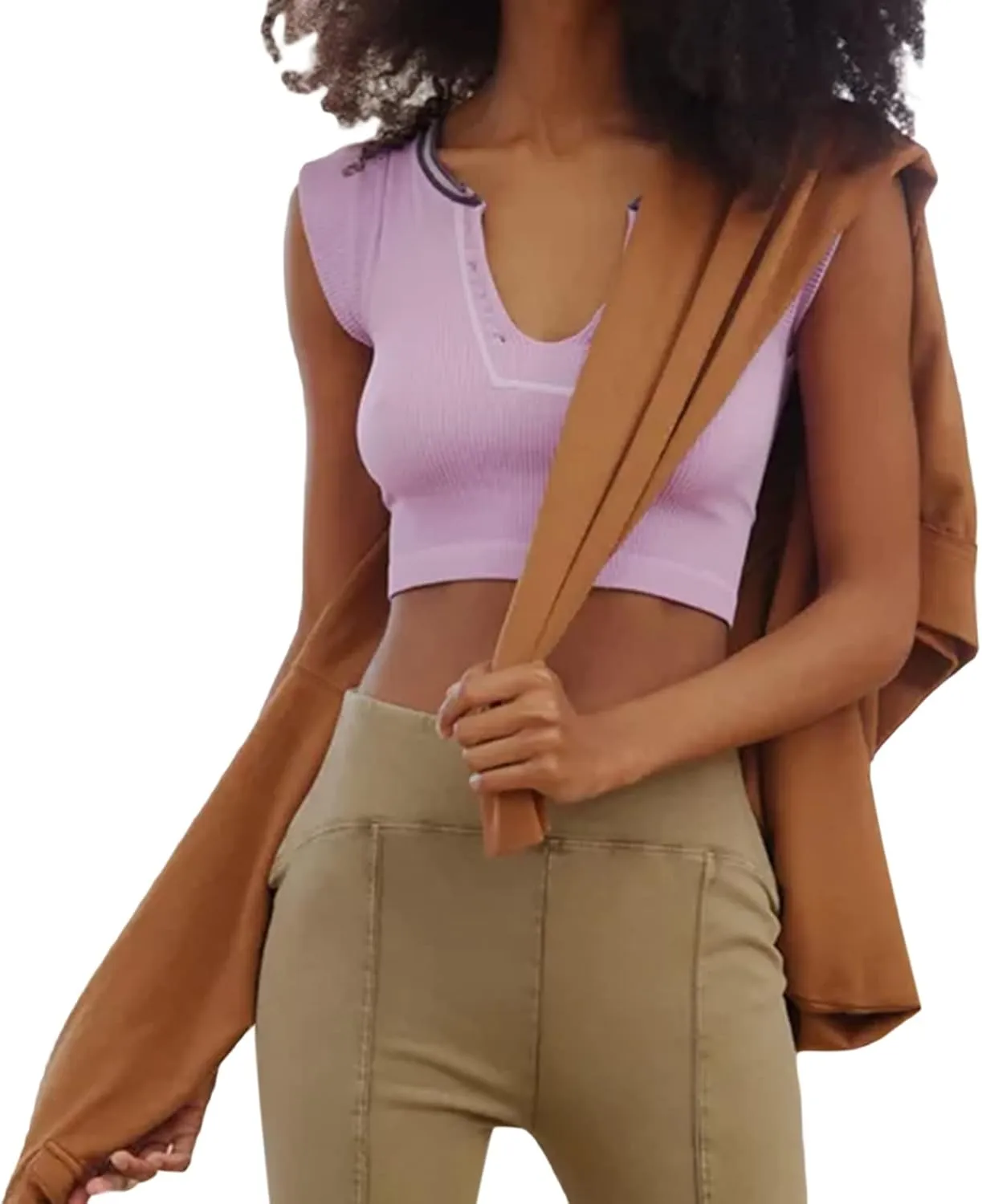 Women Summer Rib Knit Cap Sleeve Tight Crop Top V Neck Going Out Slim Fit Basic Contrast Color Y2K Skinny Tee Shirt
