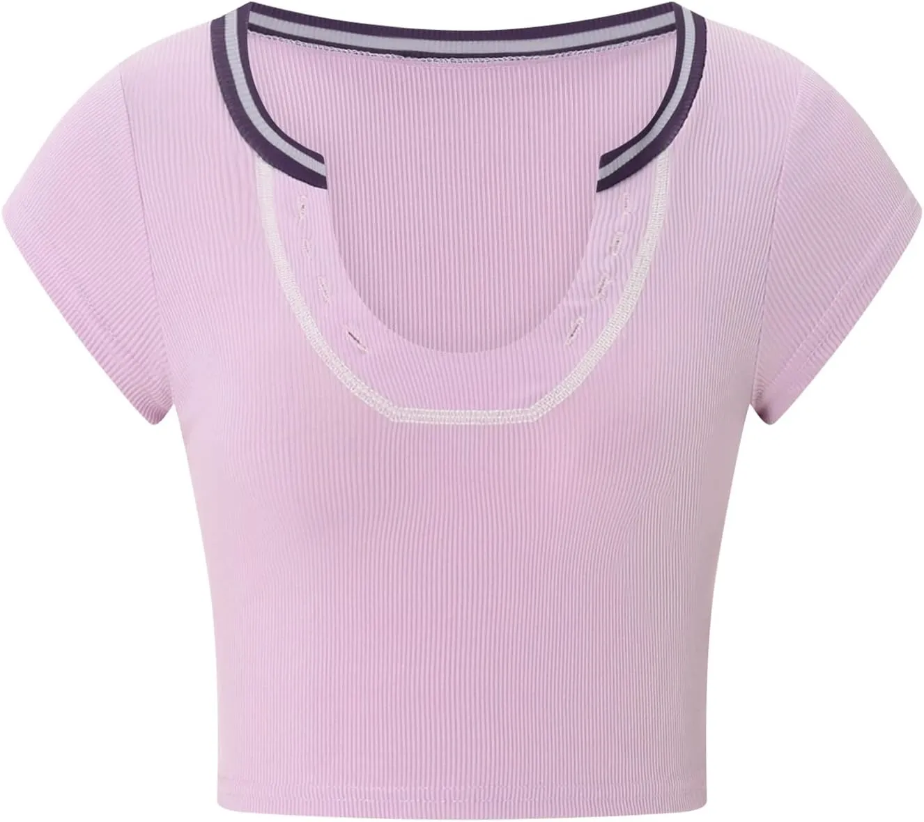 Women Summer Rib Knit Cap Sleeve Tight Crop Top V Neck Going Out Slim Fit Basic Contrast Color Y2K Skinny Tee Shirt