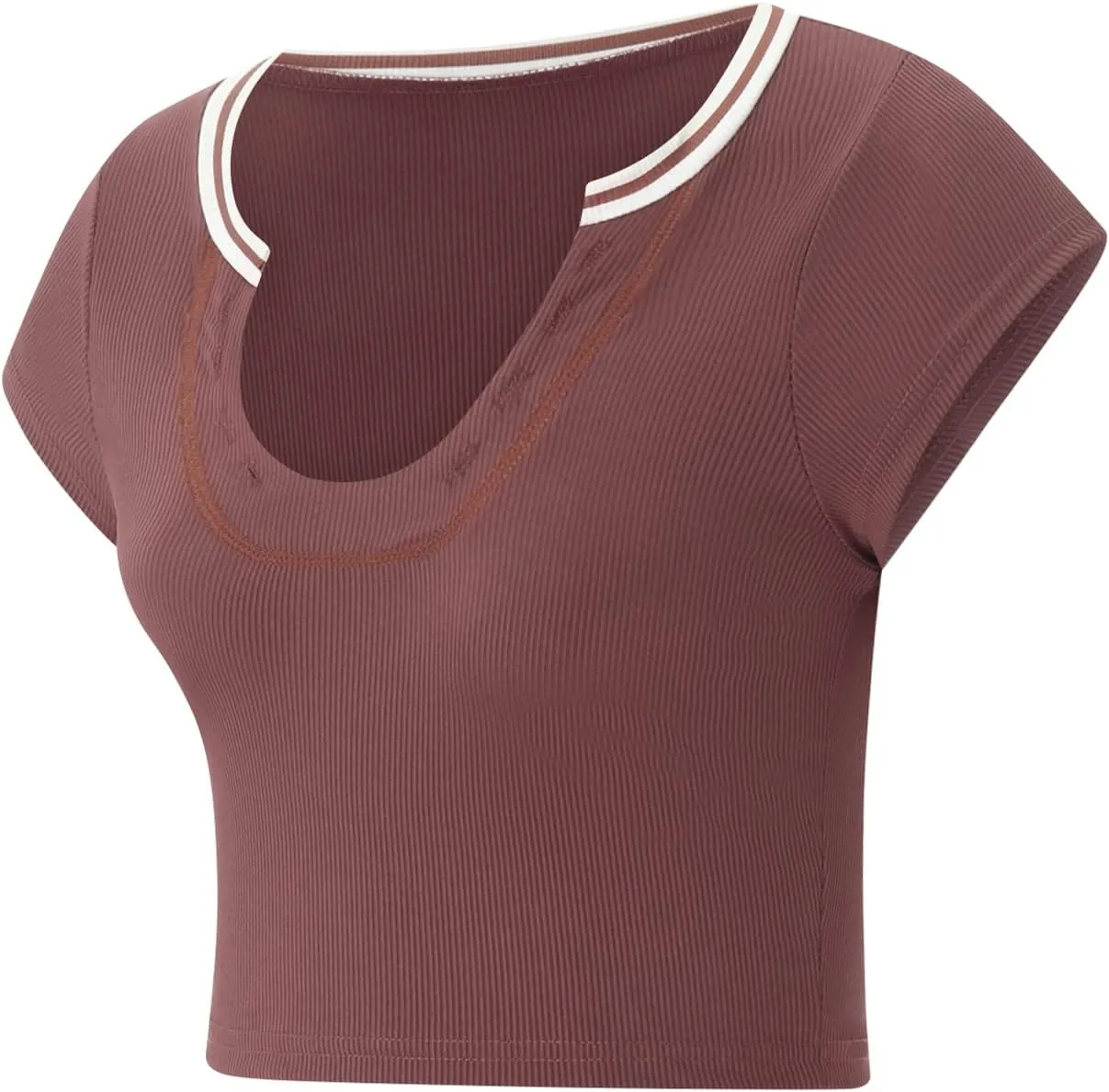 Women Summer Rib Knit Cap Sleeve Tight Crop Top V Neck Going Out Slim Fit Basic Contrast Color Y2K Skinny Tee Shirt