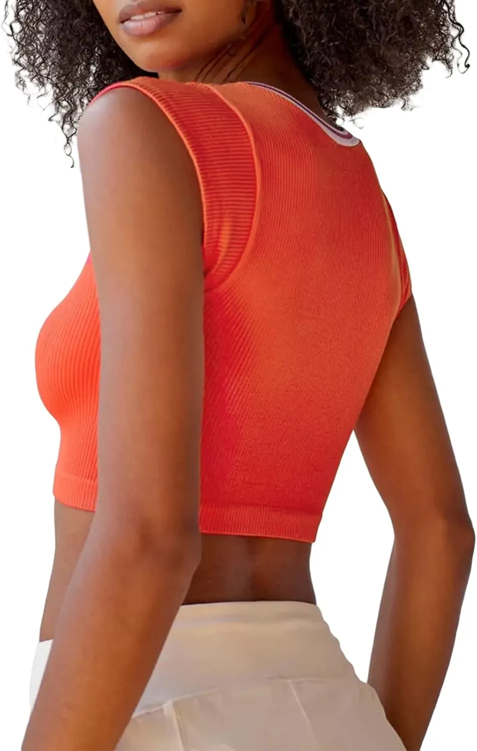 Women Summer Rib Knit Cap Sleeve Tight Crop Top V Neck Going Out Slim Fit Basic Contrast Color Y2K Skinny Tee Shirt