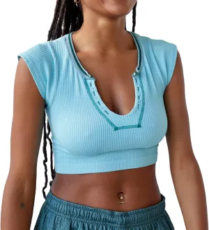 Women Summer Rib Knit Cap Sleeve Tight Crop Top V Neck Going Out Slim Fit Basic Contrast Color Y2K Skinny Tee Shirt