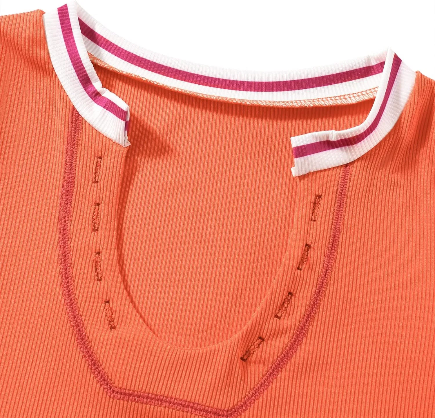Women Summer Rib Knit Cap Sleeve Tight Crop Top V Neck Going Out Slim Fit Basic Contrast Color Y2K Skinny Tee Shirt