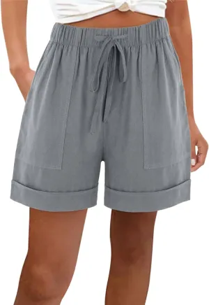 Women Summer Shorts Casual Trendy Wide Leg Pocket Comfy Beach Short Pants Drawstring Waist Bermuda