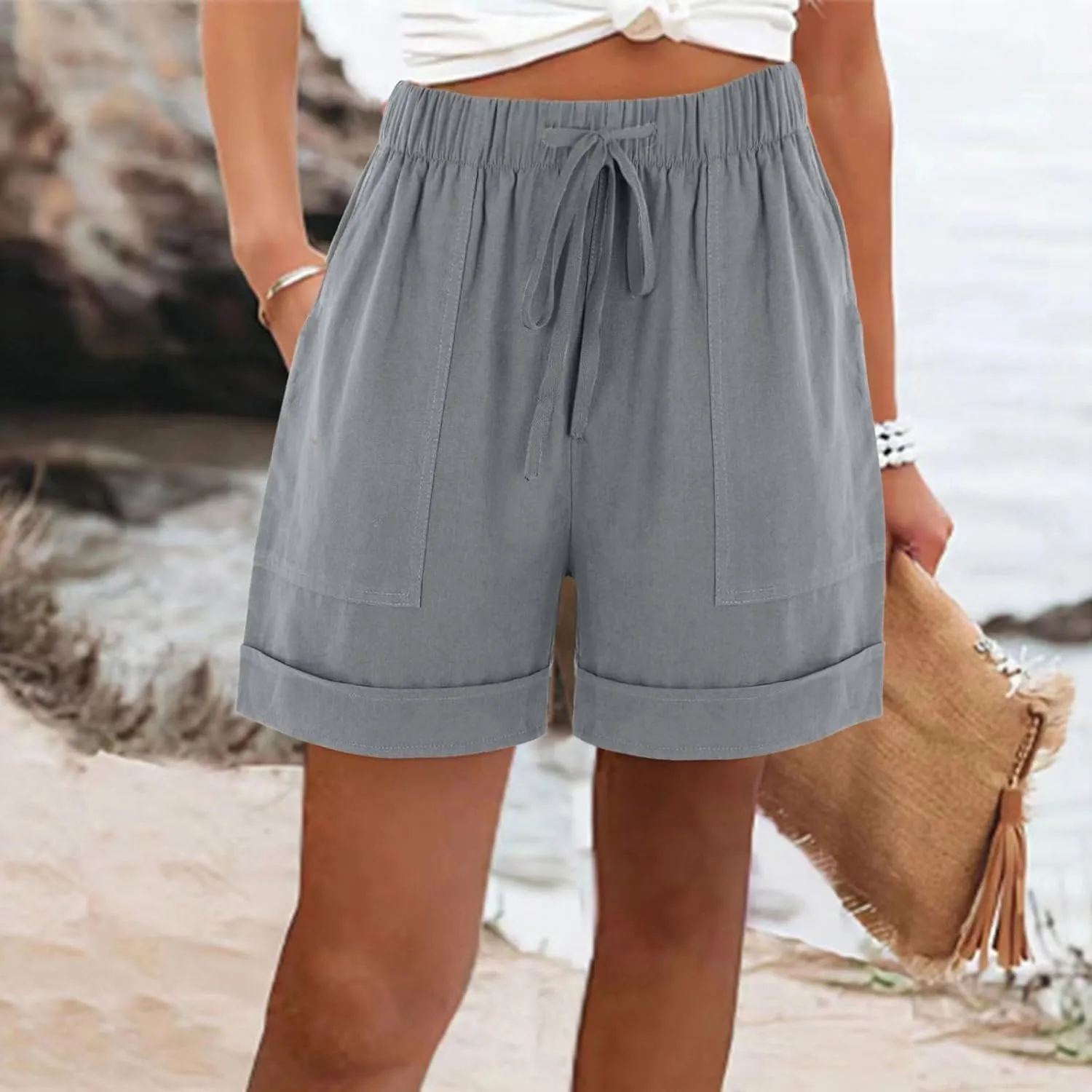 Women Summer Shorts Casual Trendy Wide Leg Pocket Comfy Beach Short Pants Drawstring Waist Bermuda