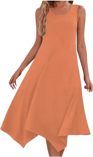 Women Summer Sleeveless Maxi Sundress Casual Round Neck Irregular Hem A-Line Flowy Racerback Long Beach Tank Dresses