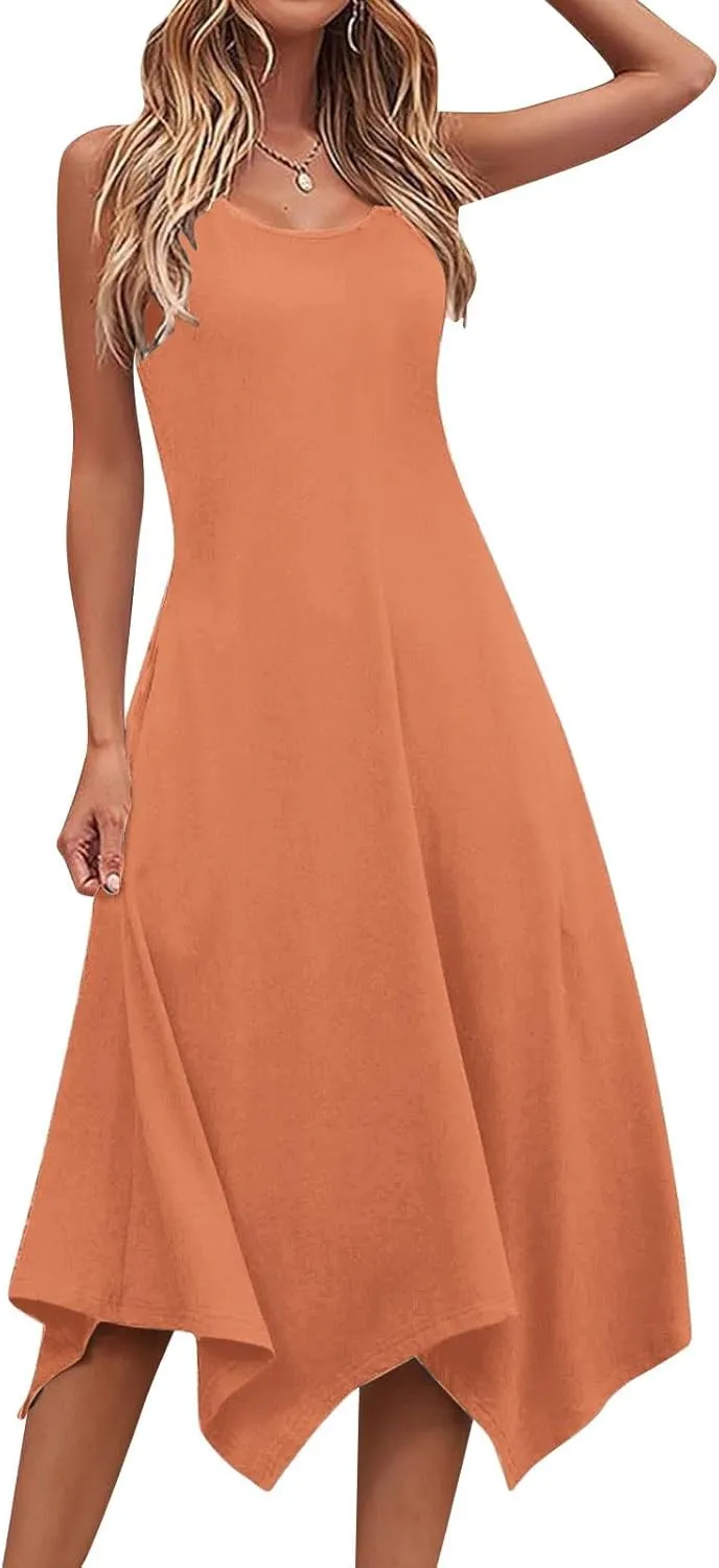 Women Summer Sleeveless Maxi Sundress Casual Round Neck Irregular Hem A-Line Flowy Racerback Long Beach Tank Dresses