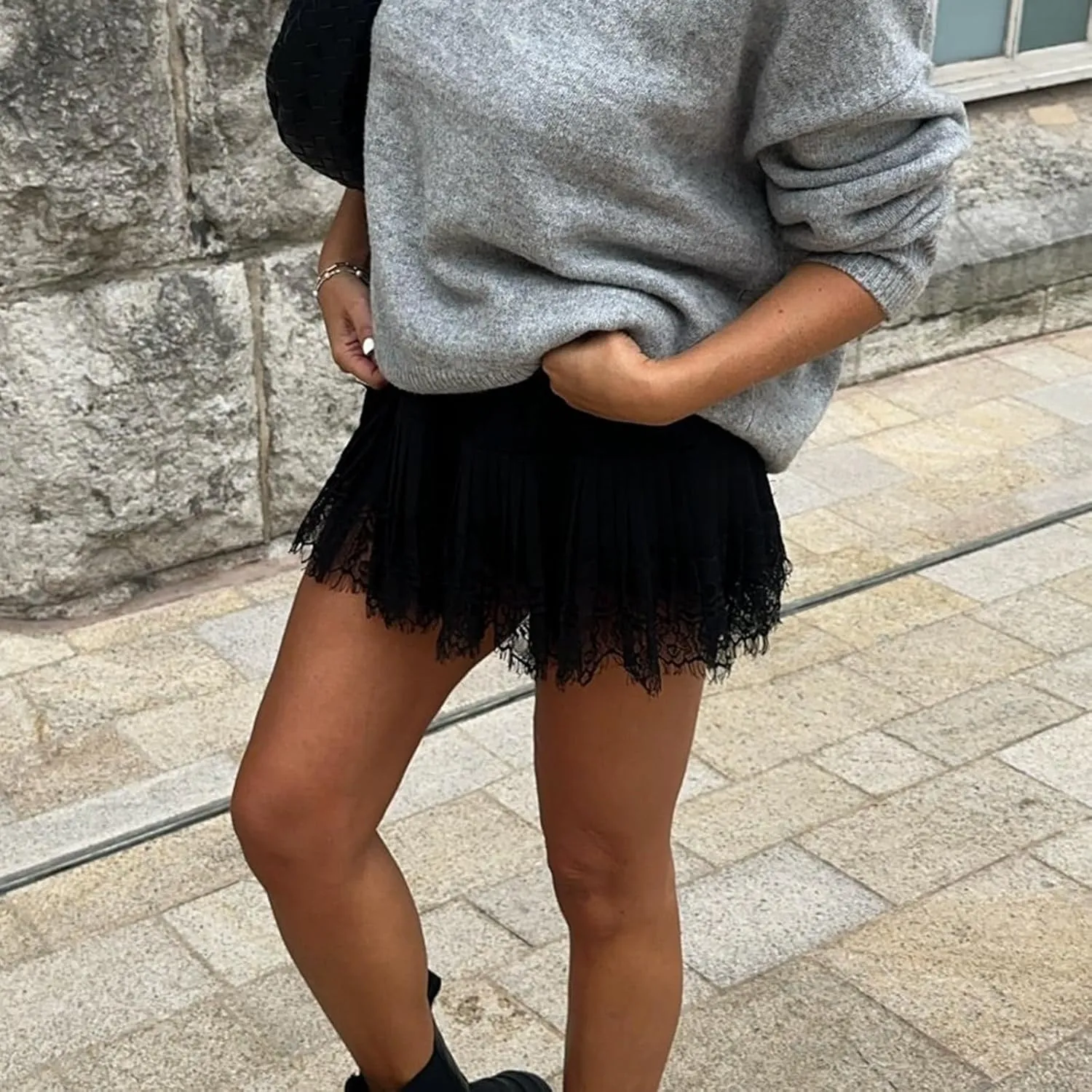 Women Y2k Lace Ruffle Pleated Mini Skirts Low Rise Ruched Fairy Mesh Micro Skirts Half Slip Layered Mini Skirts