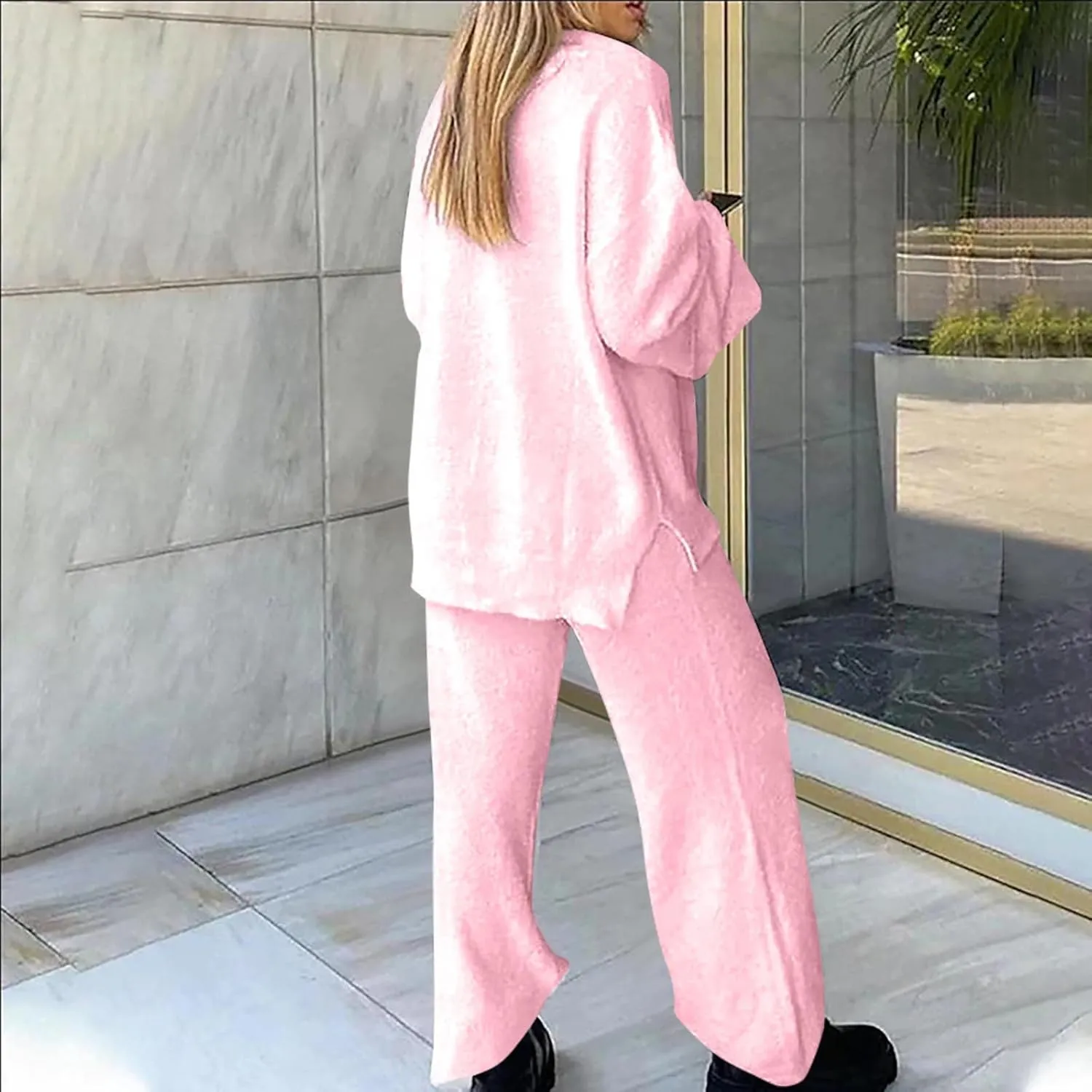 Womens 2 Piece Outfits Fuzzy Fleece Pajama Set V Neck Long Sleeve Pullover Tops and Wide Leg Pants Baggy Lounge Sets