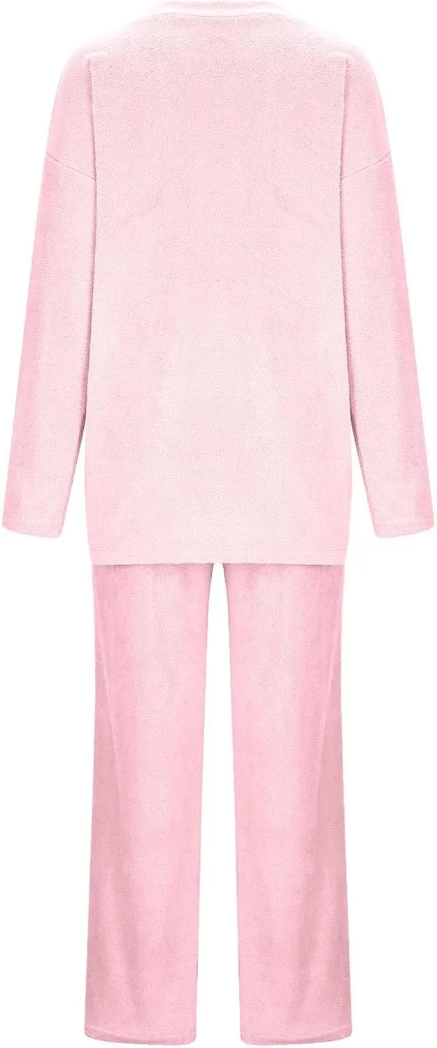 Womens 2 Piece Outfits Fuzzy Fleece Pajama Set V Neck Long Sleeve Pullover Tops and Wide Leg Pants Baggy Lounge Sets