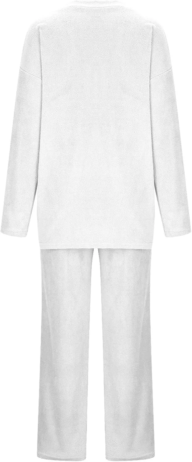 Womens 2 Piece Outfits Fuzzy Fleece Pajama Set V Neck Long Sleeve Pullover Tops and Wide Leg Pants Baggy Lounge Sets