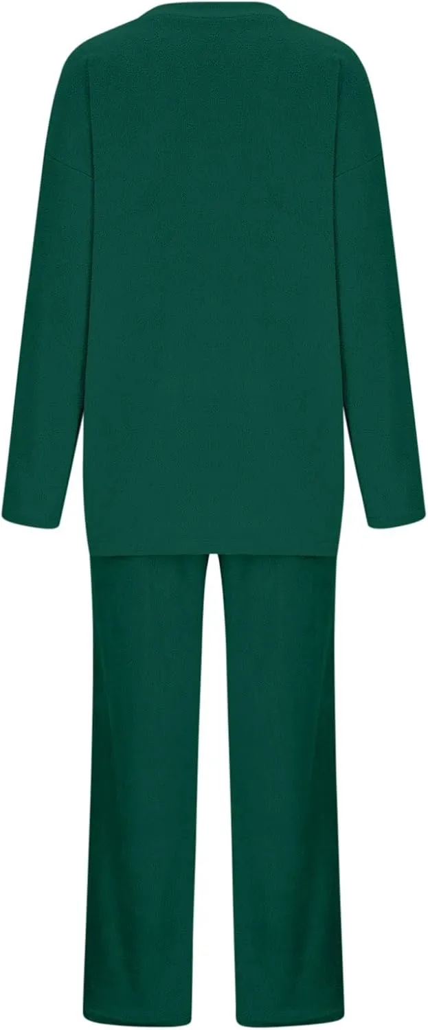 Womens 2 Piece Outfits Fuzzy Fleece Pajama Set V Neck Long Sleeve Pullover Tops and Wide Leg Pants Baggy Lounge Sets