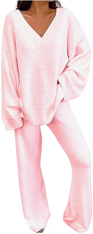 Womens 2 Piece Outfits Fuzzy Fleece Pajama Set V Neck Long Sleeve Pullover Tops and Wide Leg Pants Baggy Lounge Sets