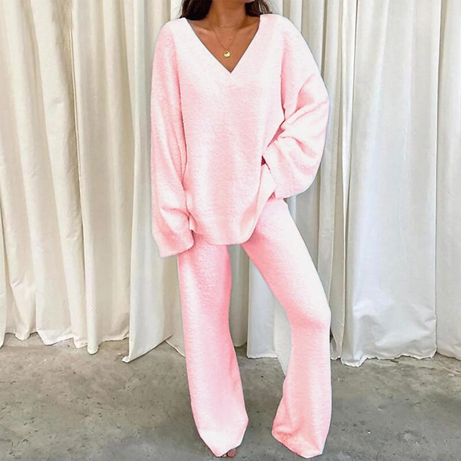 Womens 2 Piece Outfits Fuzzy Fleece Pajama Set V Neck Long Sleeve Pullover Tops and Wide Leg Pants Baggy Lounge Sets