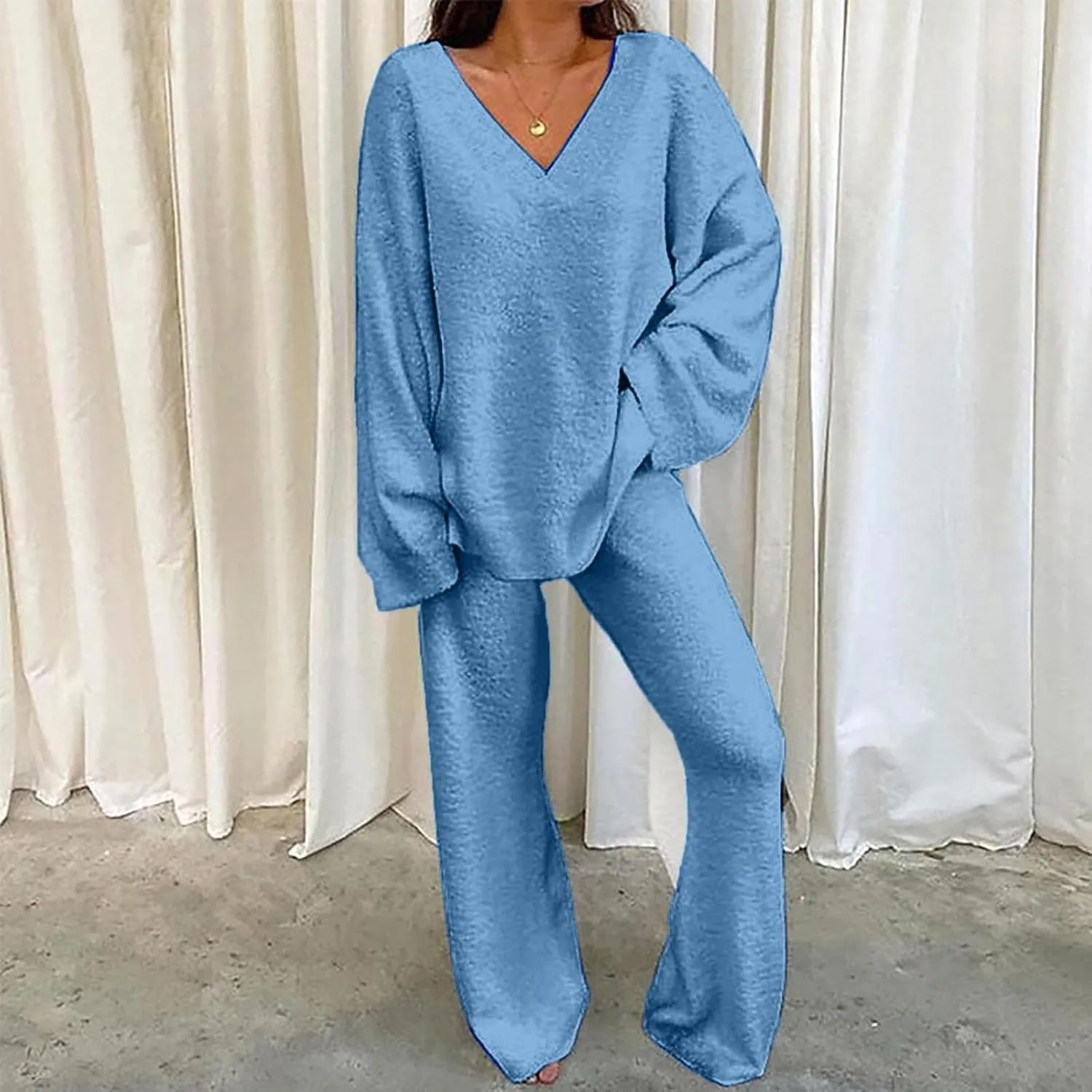 Womens 2 Piece Outfits Fuzzy Fleece Pajama Set V Neck Long Sleeve Pullover Tops and Wide Leg Pants Baggy Lounge Sets
