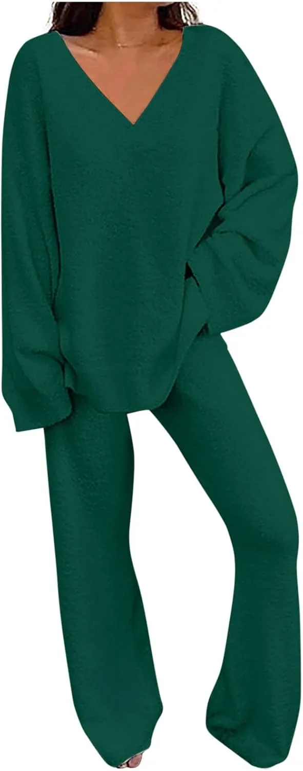 Womens 2 Piece Outfits Fuzzy Fleece Pajama Set V Neck Long Sleeve Pullover Tops and Wide Leg Pants Baggy Lounge Sets
