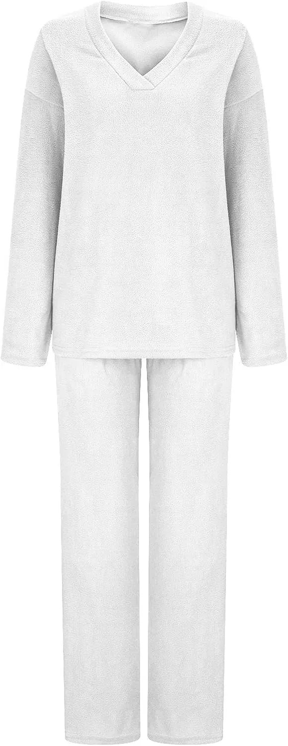 Womens 2 Piece Outfits Fuzzy Fleece Pajama Set V Neck Long Sleeve Pullover Tops and Wide Leg Pants Baggy Lounge Sets