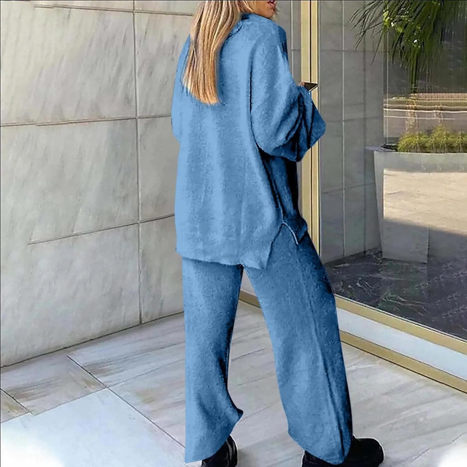 Womens 2 Piece Outfits Fuzzy Fleece Pajama Set V Neck Long Sleeve Pullover Tops and Wide Leg Pants Baggy Lounge Sets